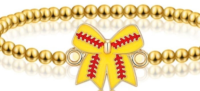Gold bracelet with a yellow softball bow 